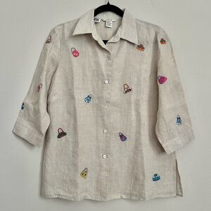 Edward Irish Linen Embroidered Shirt Handbag Print Button Up Size S Airy Light